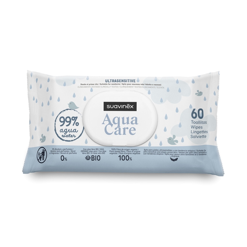 SUAVINEX AQUA CARE WIPES 60 PCS – letra të lagura për bebe me 99% ujë për lëkurë shumë të ndjeshme
